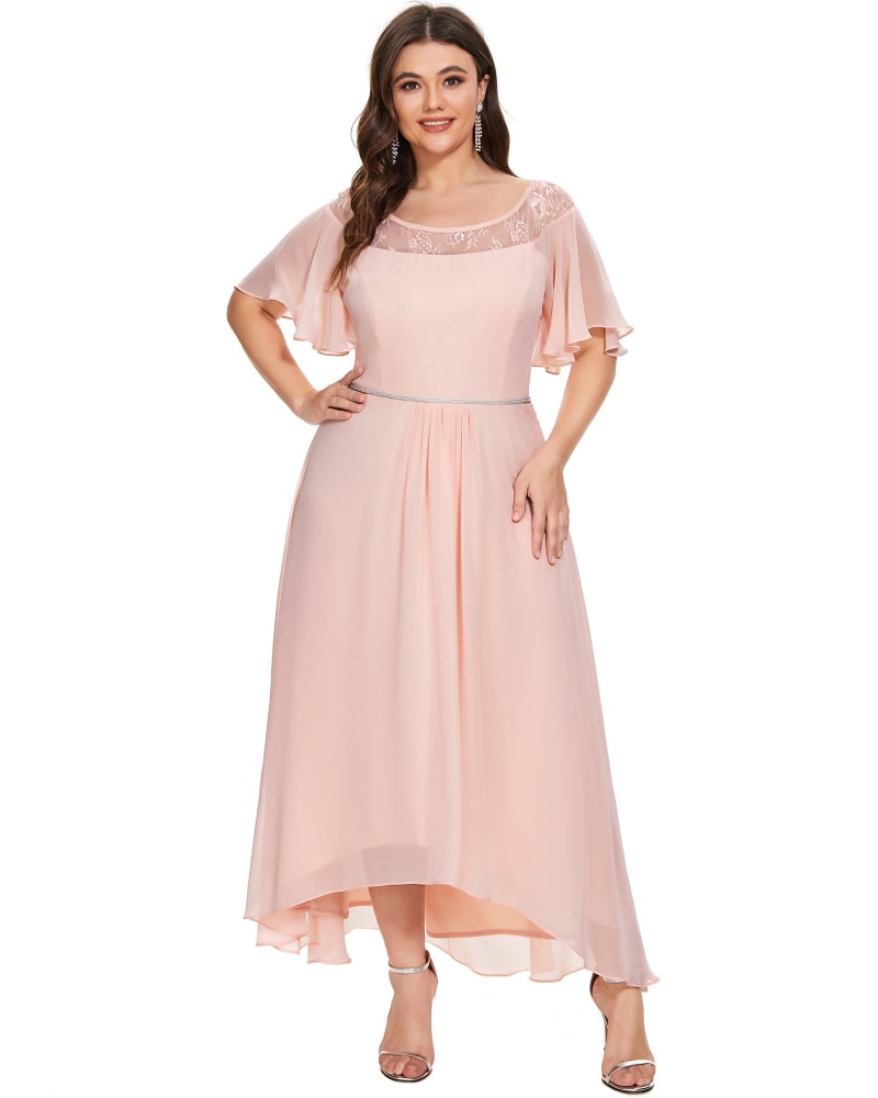 Front of a model wearing a size 12 Boat Neck A-Line Midi Dress with Asymmetrical Hems in Pink by Ever-Pretty. | dia_product_style_image_id:301614